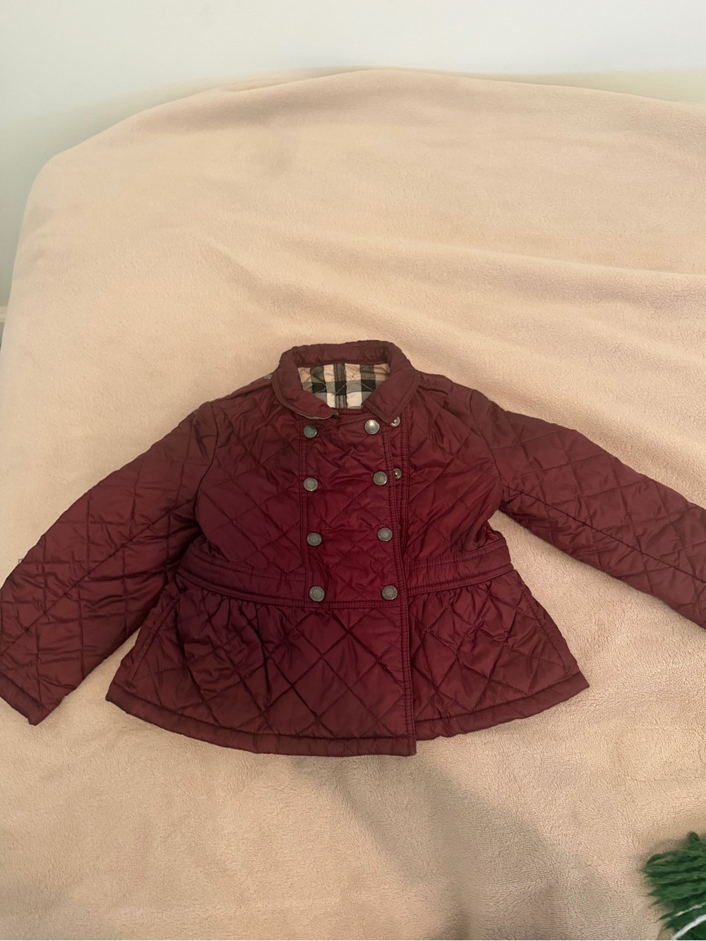 Burberry Girls' Burgundy Quilted Peplum-Style Jacket